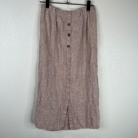 Flax by Angelheart Women's 100% Linen Midi Skirt‎ Elastic Waist Beige - Picture 1 of 12